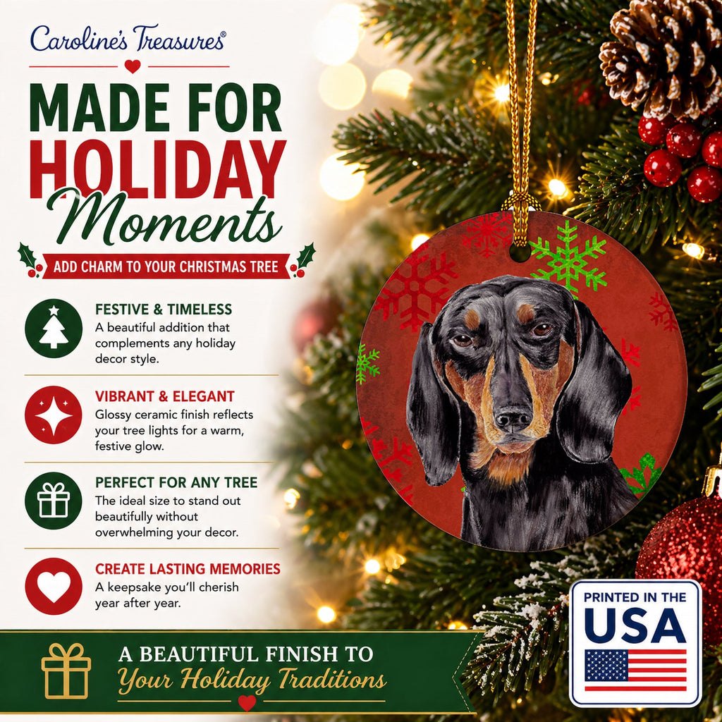 Dachshund Red and Green Snowflakes Holiday Christmas Ceramic Ornament Christmas Tree Hanging Decorations for Home Christmas Holiday, Party, Gift, 3 in, Multicolor