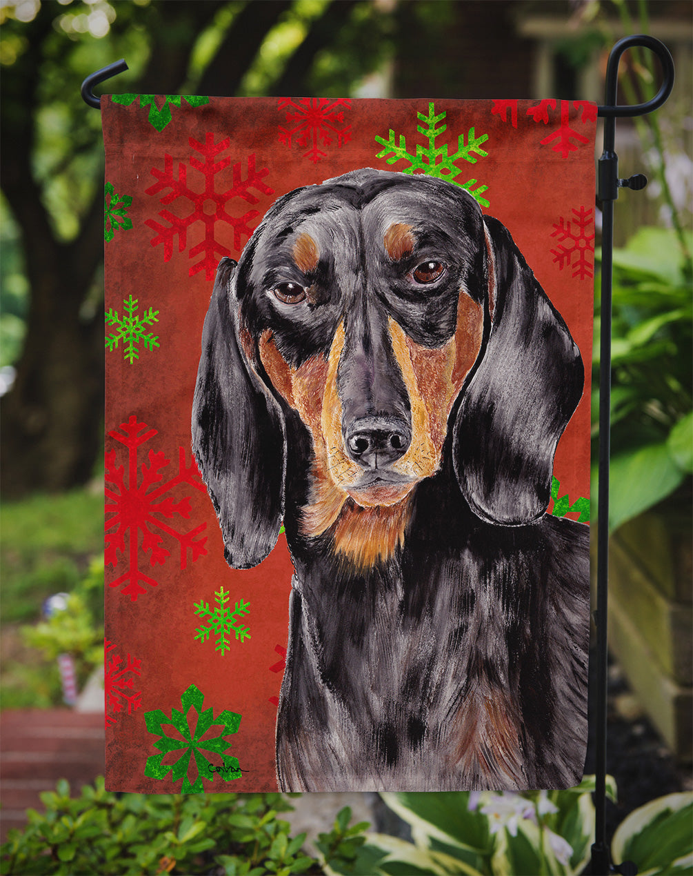 Dachshund Red and Green Snowflakes Holiday Christmas Garden Flag Mailbox Decorative Yard Banner Outside Patio Artwork for Flower Beds, Garden Size, Multicolor