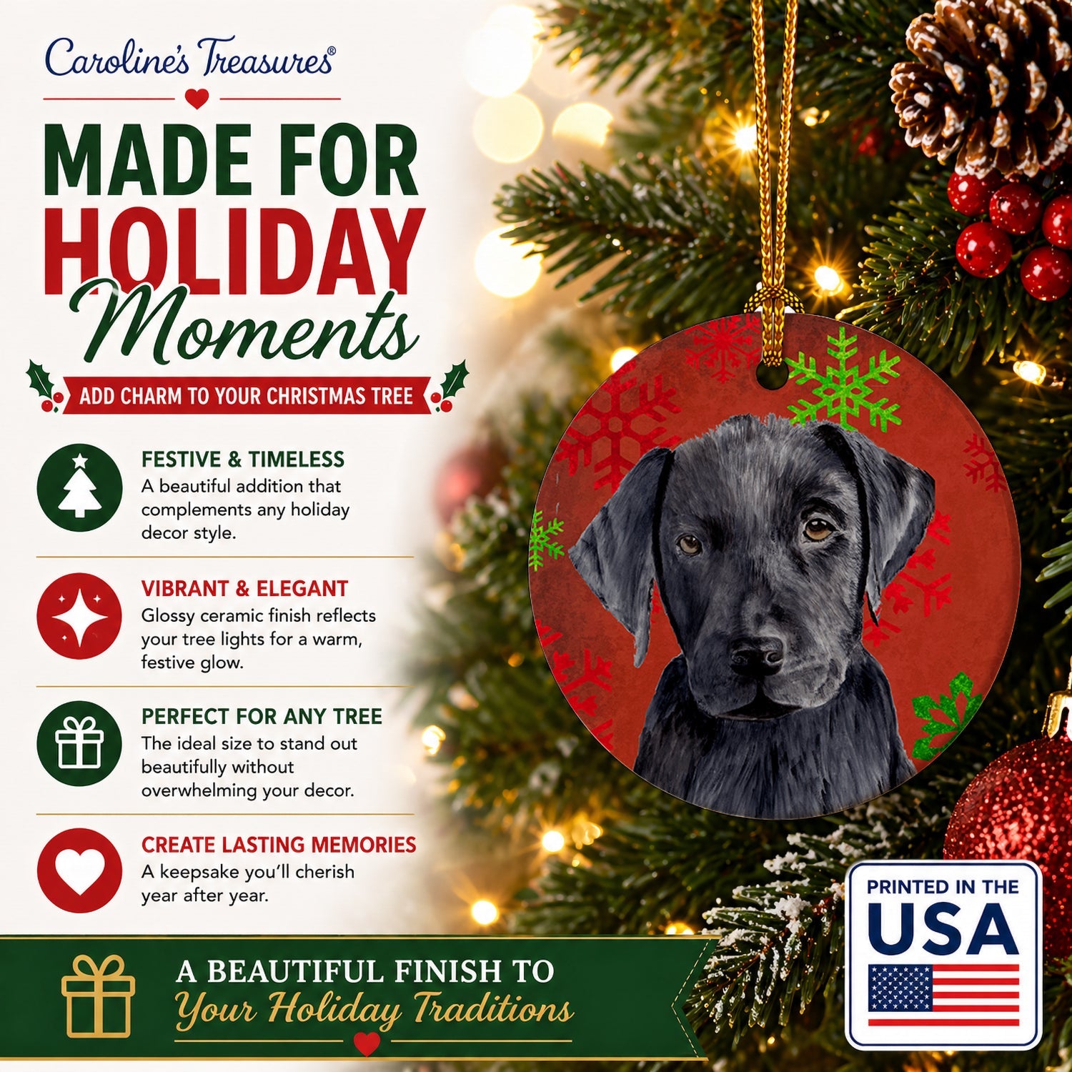 Labrador Red and Green Snowflakes Holiday Christmas Ceramic Ornament Christmas Tree Hanging Decorations for Home Christmas Holiday, Party, Gift, 3 in, Multicolor