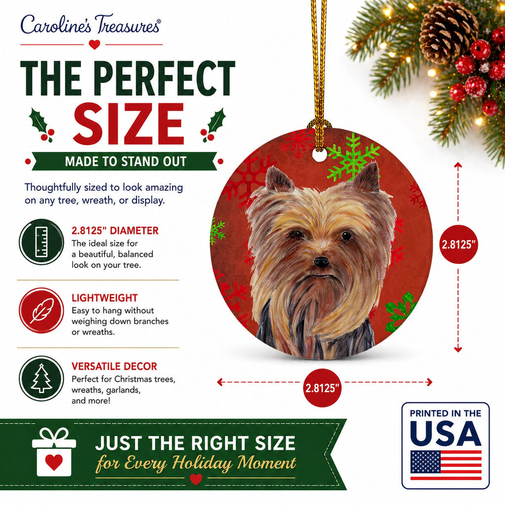 Yorkie Red and Green Snowflakes Holiday Christmas Ceramic Ornament Christmas Tree Hanging Decorations for Home Christmas Holiday, Party, Gift, 3 in, Multicolor