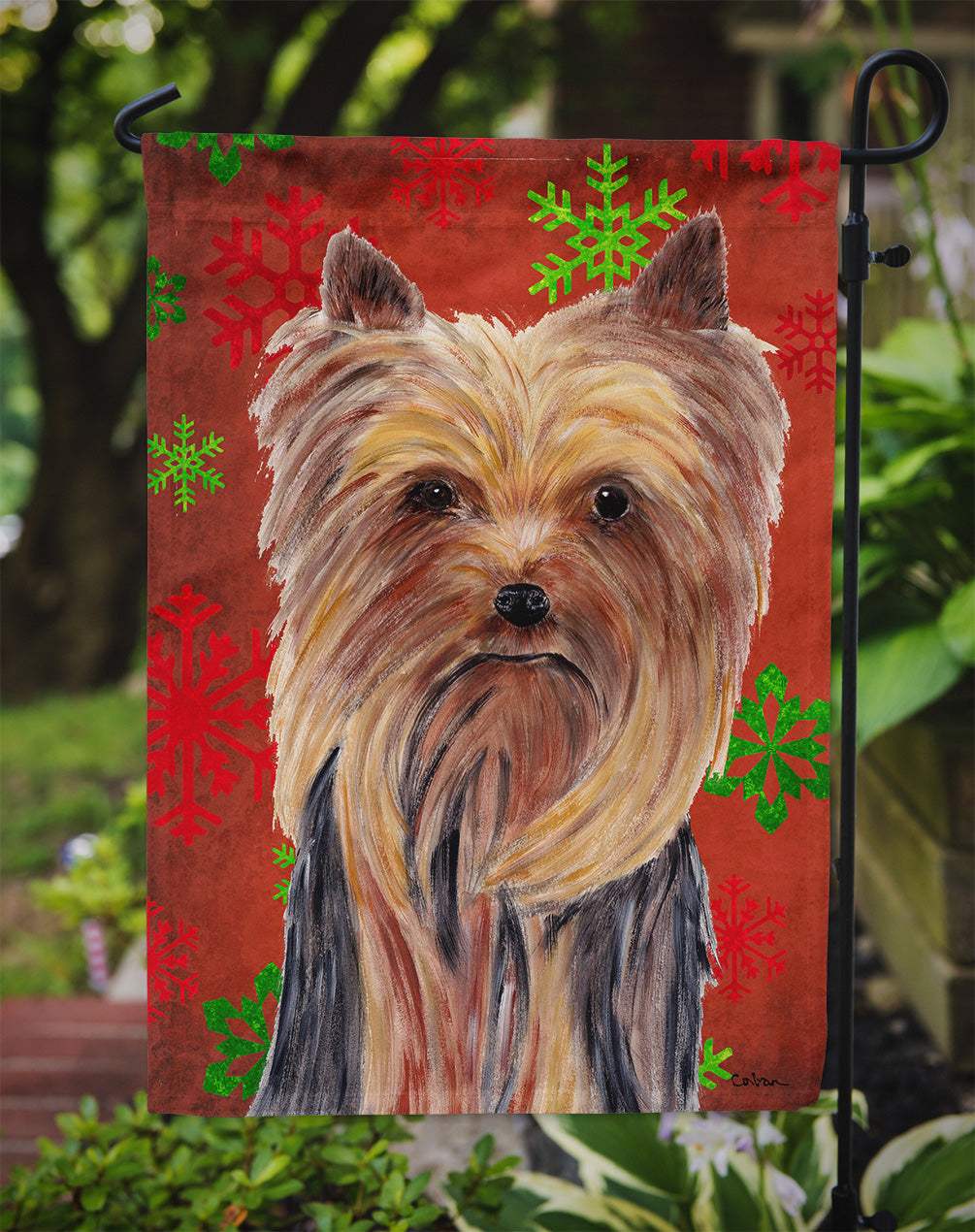 Yorkie Red and Green Snowflakes Holiday Christmas Garden Flag Mailbox Decorative Yard Banner Outside Patio Artwork for Flower Beds, Garden Size, Multicolor