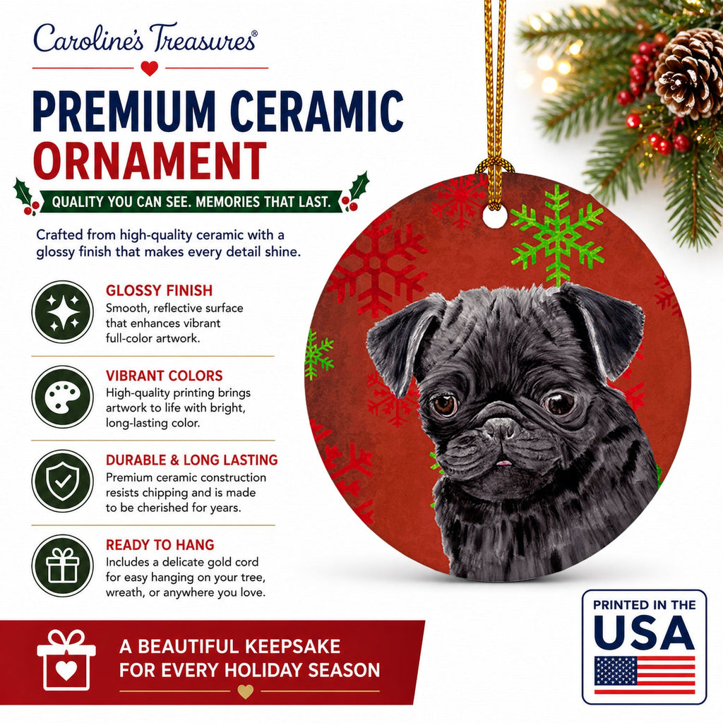 Pug Red and Green Snowflakes Holiday Christmas Ceramic Ornament Christmas Tree Hanging Decorations for Home Christmas Holiday, Party, Gift, 3 in, Multicolor
