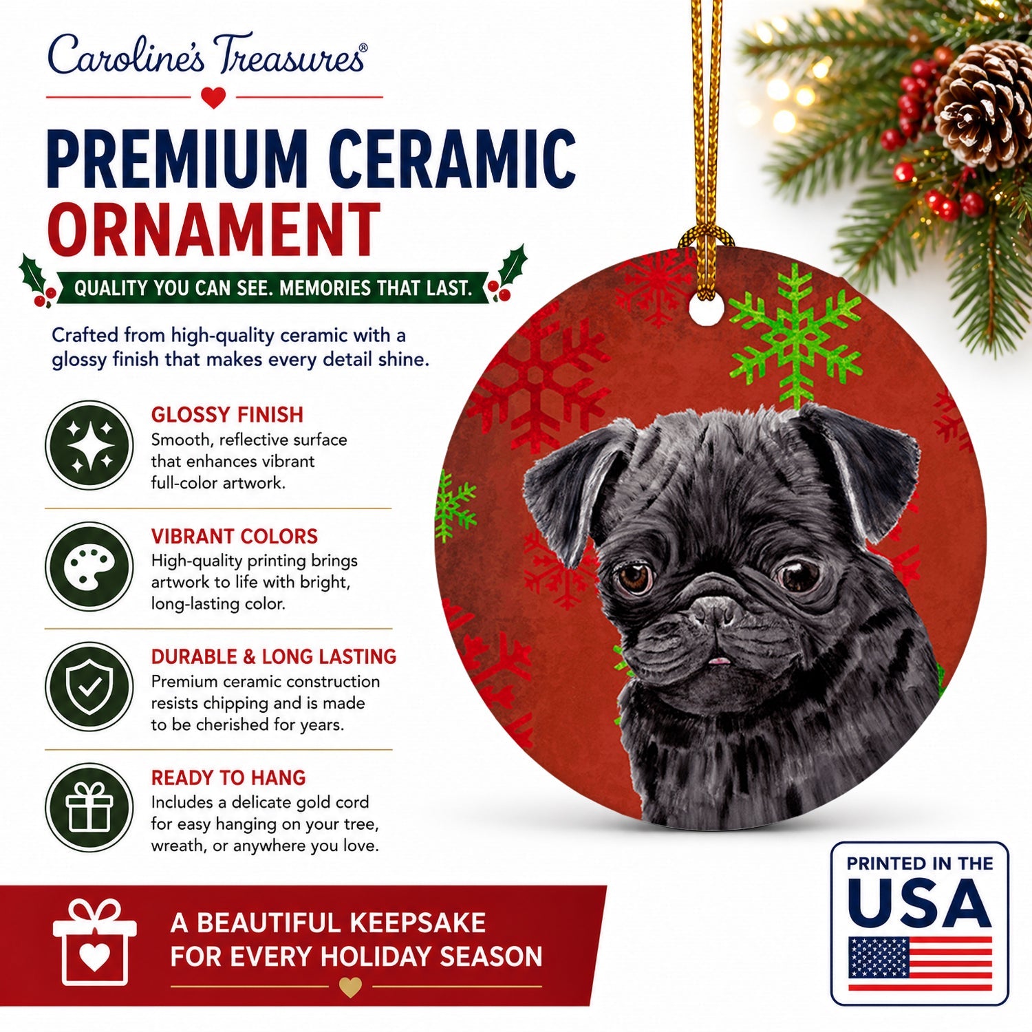 Pug Red and Green Snowflakes Holiday Christmas Ceramic Ornament Christmas Tree Hanging Decorations for Home Christmas Holiday, Party, Gift, 3 in, Multicolor