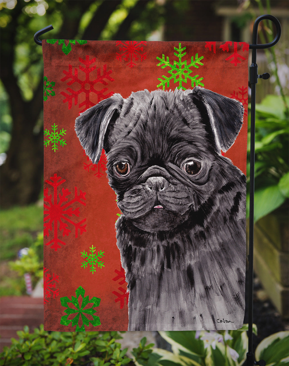 Pug Red and Green Snowflakes Holiday Christmas Garden Flag Mailbox Decorative Yard Banner Outside Patio Artwork for Flower Beds, Garden Size, Multicolor
