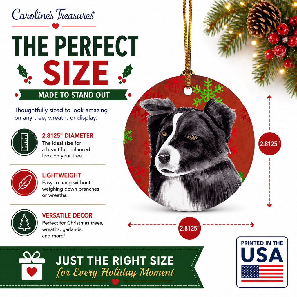 Border Collie Red and Green Snowflakes Holiday Christmas Ceramic Ornament Christmas Tree Hanging Decorations for Home Christmas Holiday, Party, Gift, 3 in, Multicolor