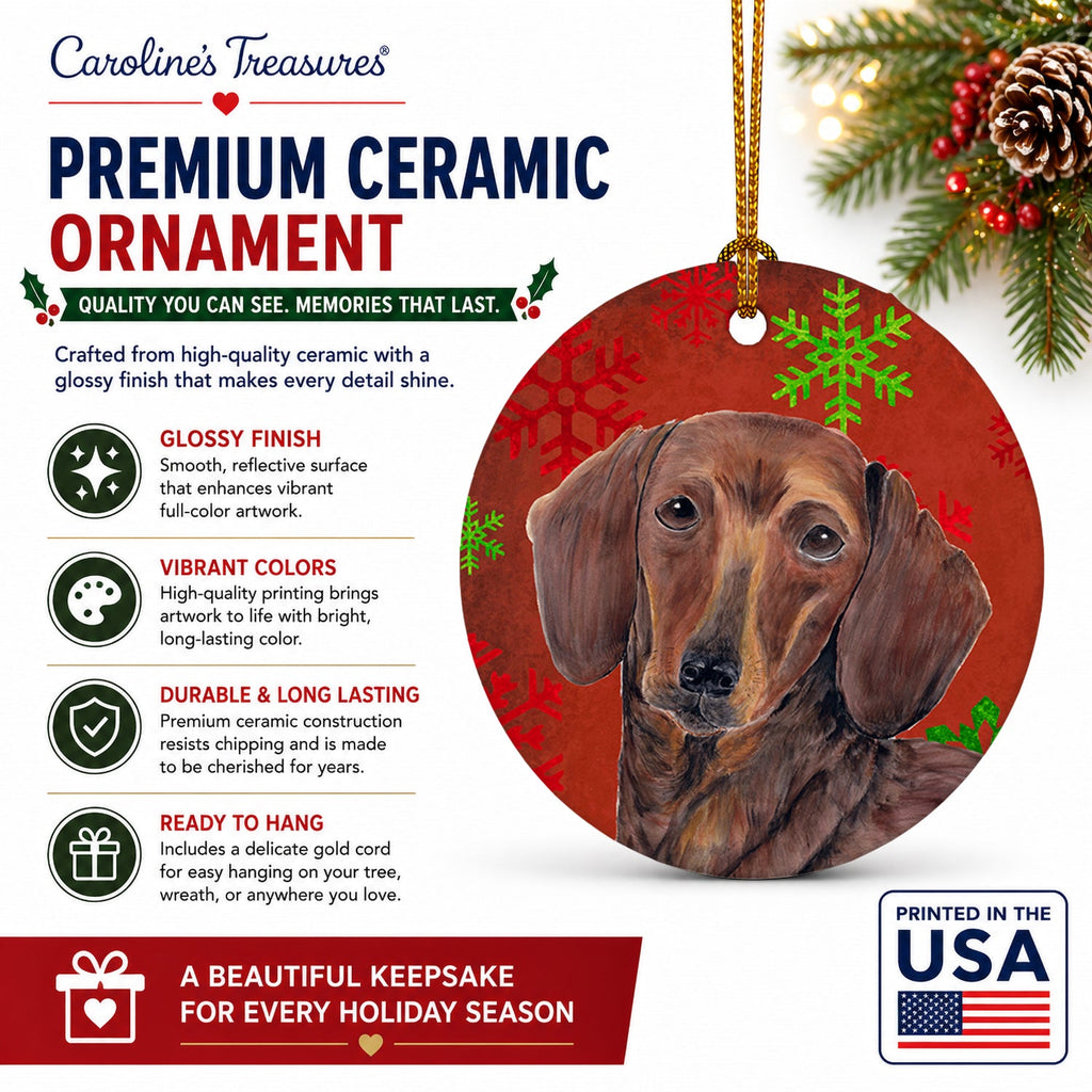 Dachshund Red and Green Snowflakes Holiday Christmas Ceramic Ornament Christmas Tree Hanging Decorations for Home Christmas Holiday, Party, Gift, 3 in, Multicolor
