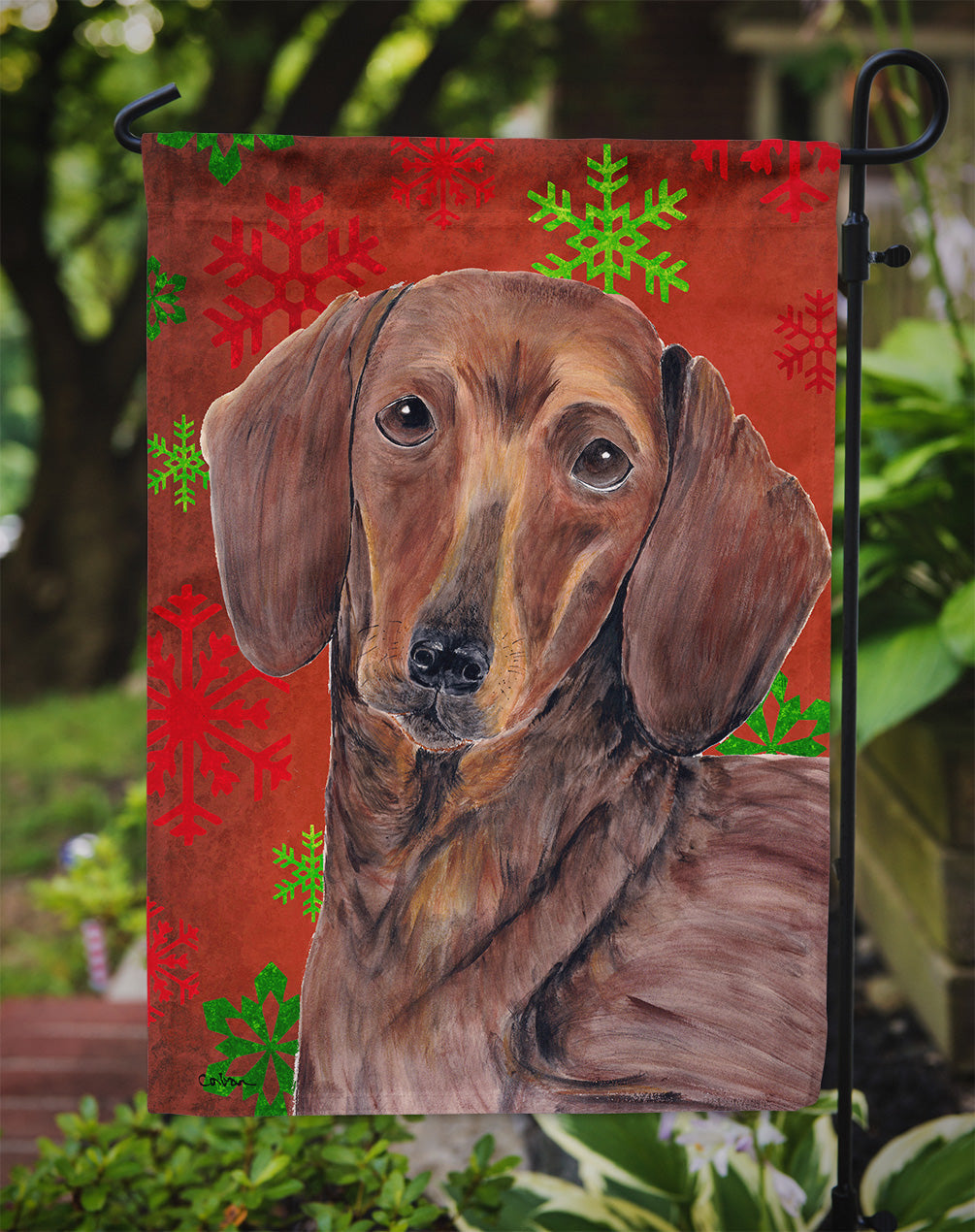 Dachshund Red and Green Snowflakes Holiday Christmas Garden Flag Mailbox Decorative Yard Banner Outside Patio Artwork for Flower Beds, Garden Size, Multicolor