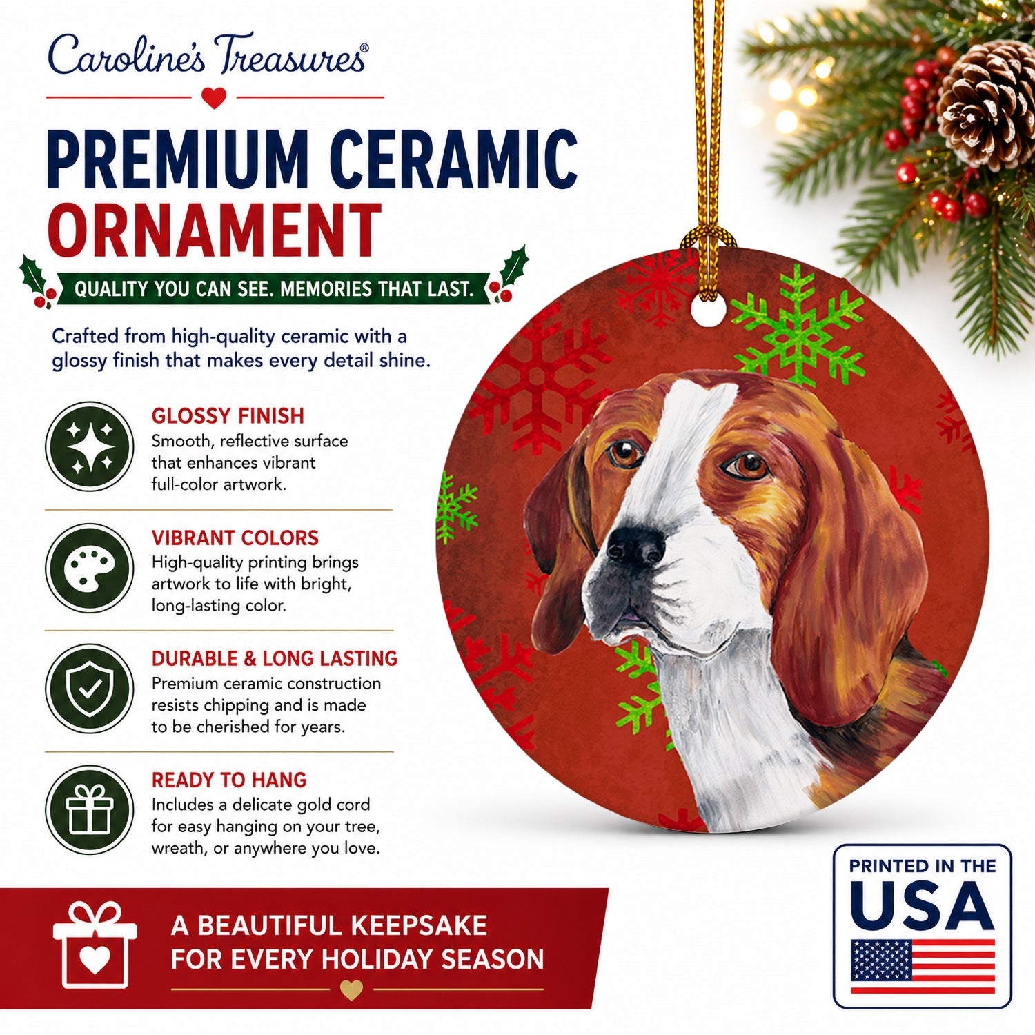 Beagle Red and Green Snowflakes Holiday Christmas Ceramic Ornament Christmas Tree Hanging Decorations for Home Christmas Holiday, Party, Gift, 3 in, Multicolor