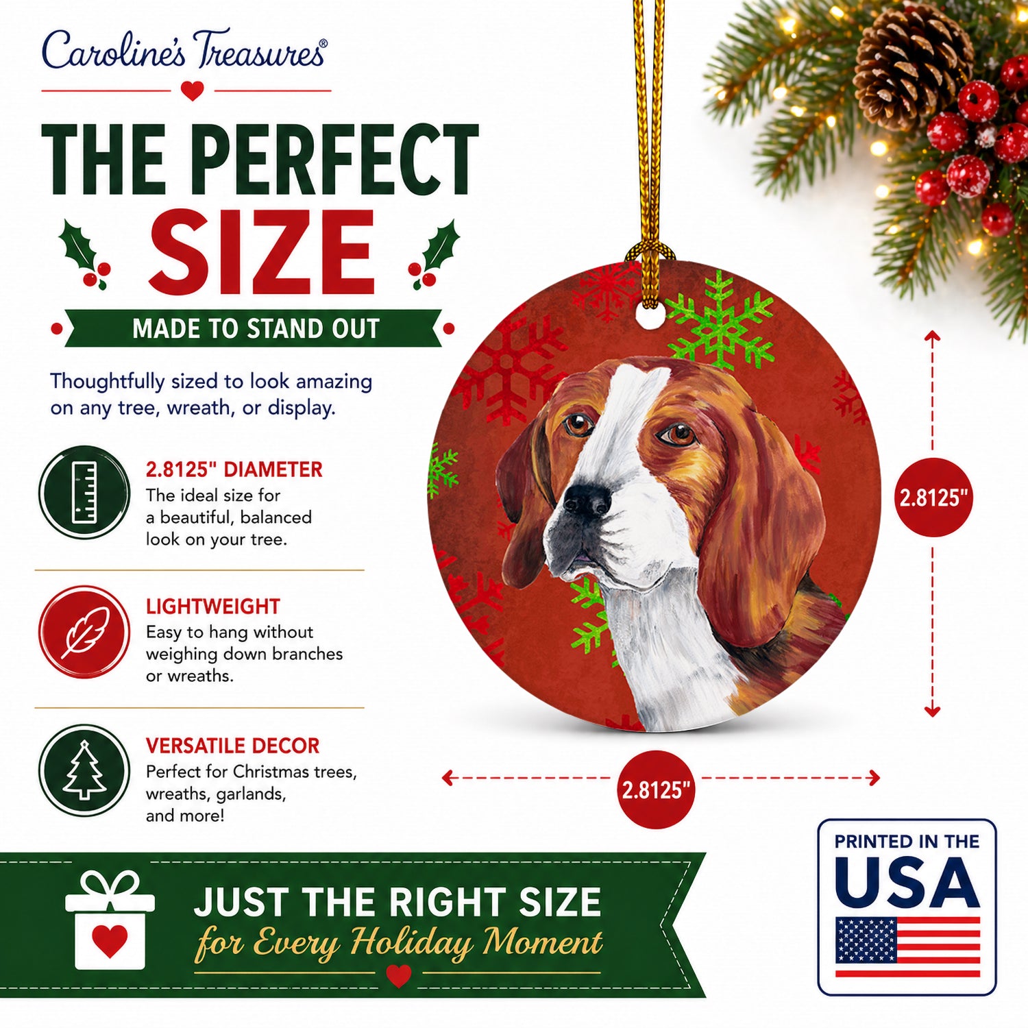 Beagle Red and Green Snowflakes Holiday Christmas Ceramic Ornament Christmas Tree Hanging Decorations for Home Christmas Holiday, Party, Gift, 3 in, Multicolor