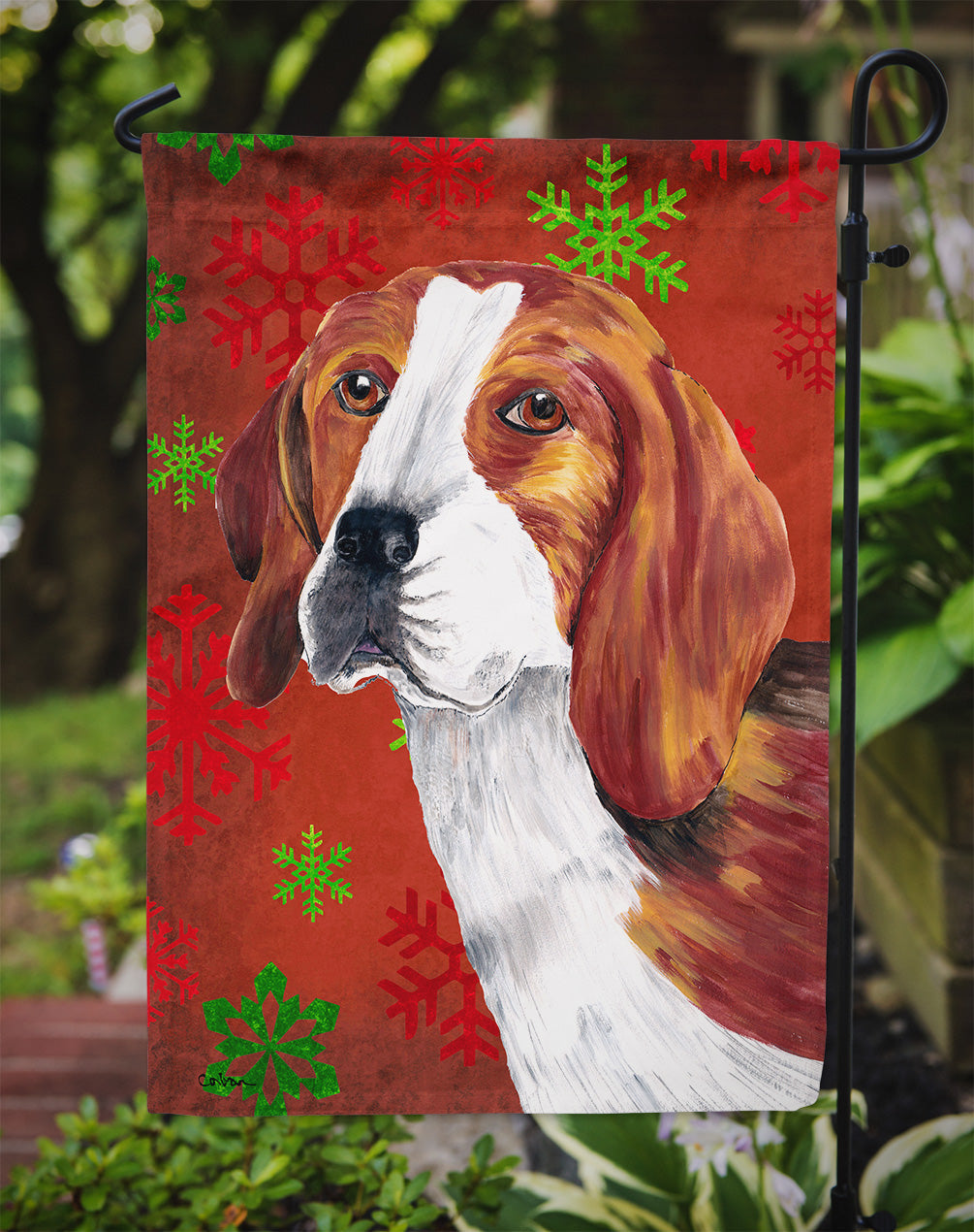 Beagle Red and Green Snowflakes Holiday Christmas Garden Flag Mailbox Decorative Yard Banner Outside Patio Artwork for Flower Beds, Garden Size, Multicolor