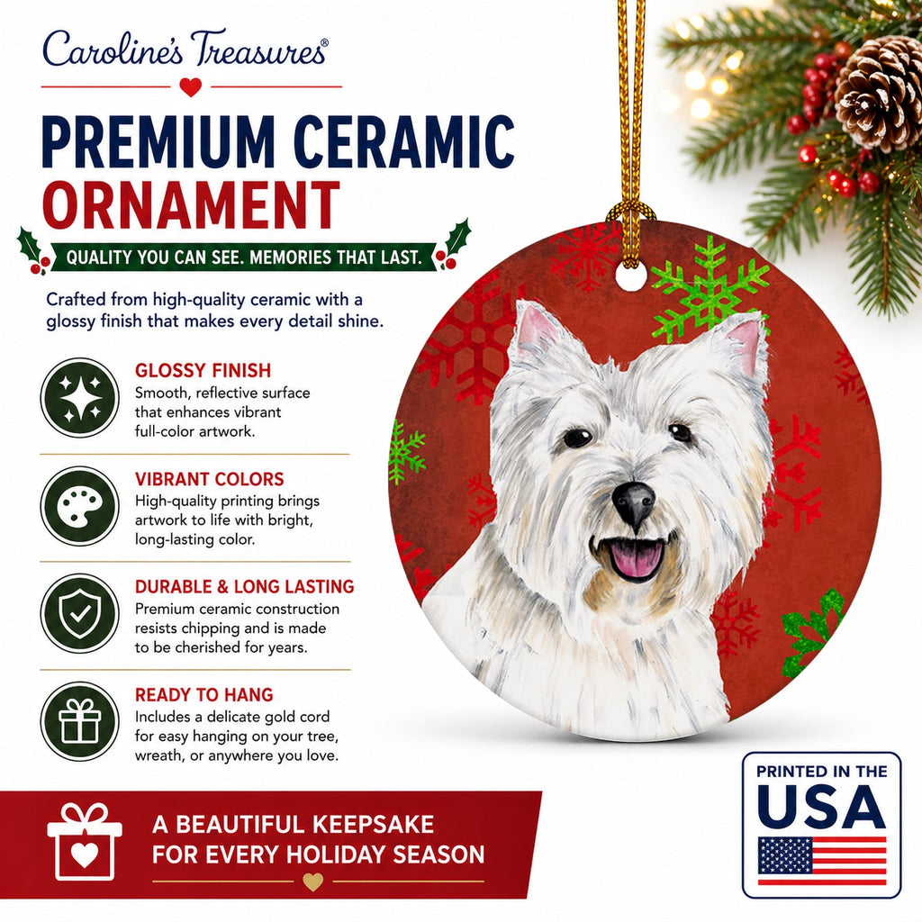 Westie Red and Green Snowflakes Holiday Christmas Ceramic Ornament Christmas Tree Hanging Decorations for Home Christmas Holiday, Party, Gift, 3 in, Multicolor