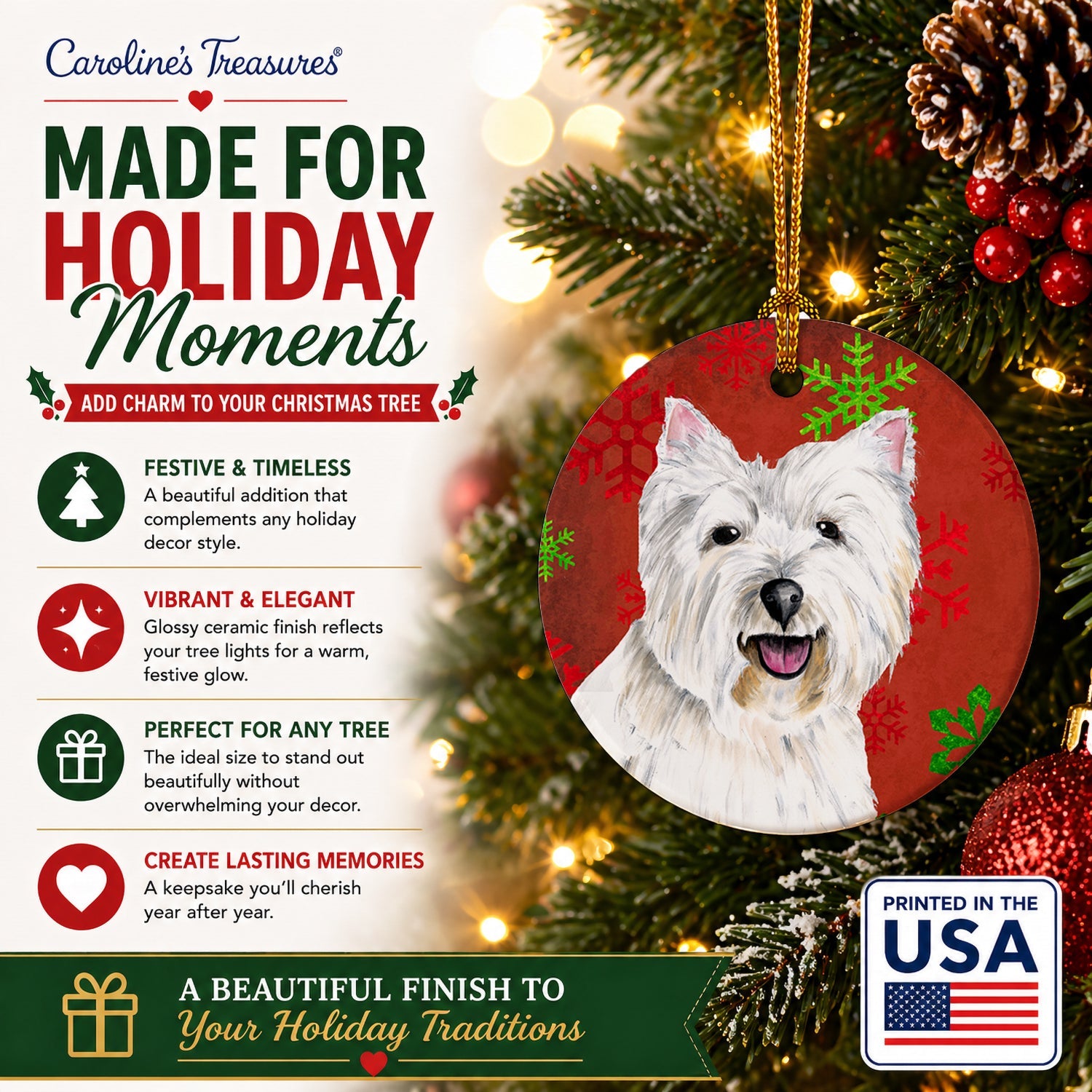Westie Red and Green Snowflakes Holiday Christmas Ceramic Ornament Christmas Tree Hanging Decorations for Home Christmas Holiday, Party, Gift, 3 in, Multicolor