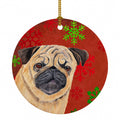 Pug Red and Green Snowflakes Holiday Christmas Ceramic Ornament Christmas Tree Hanging Decorations for Home Christmas Holiday, Party, Gift, 3 in, Multicolor
