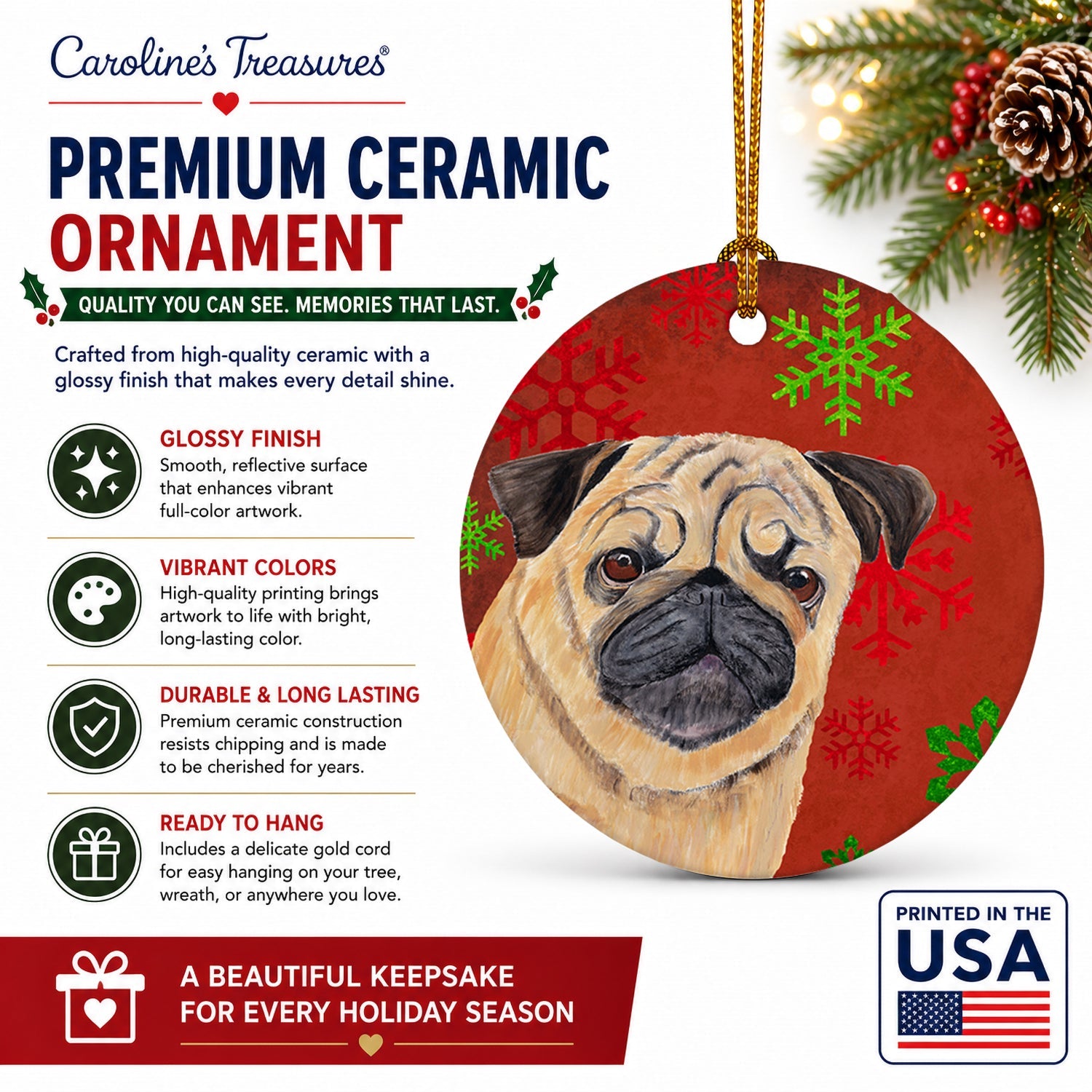 Pug Red and Green Snowflakes Holiday Christmas Ceramic Ornament Christmas Tree Hanging Decorations for Home Christmas Holiday, Party, Gift, 3 in, Multicolor