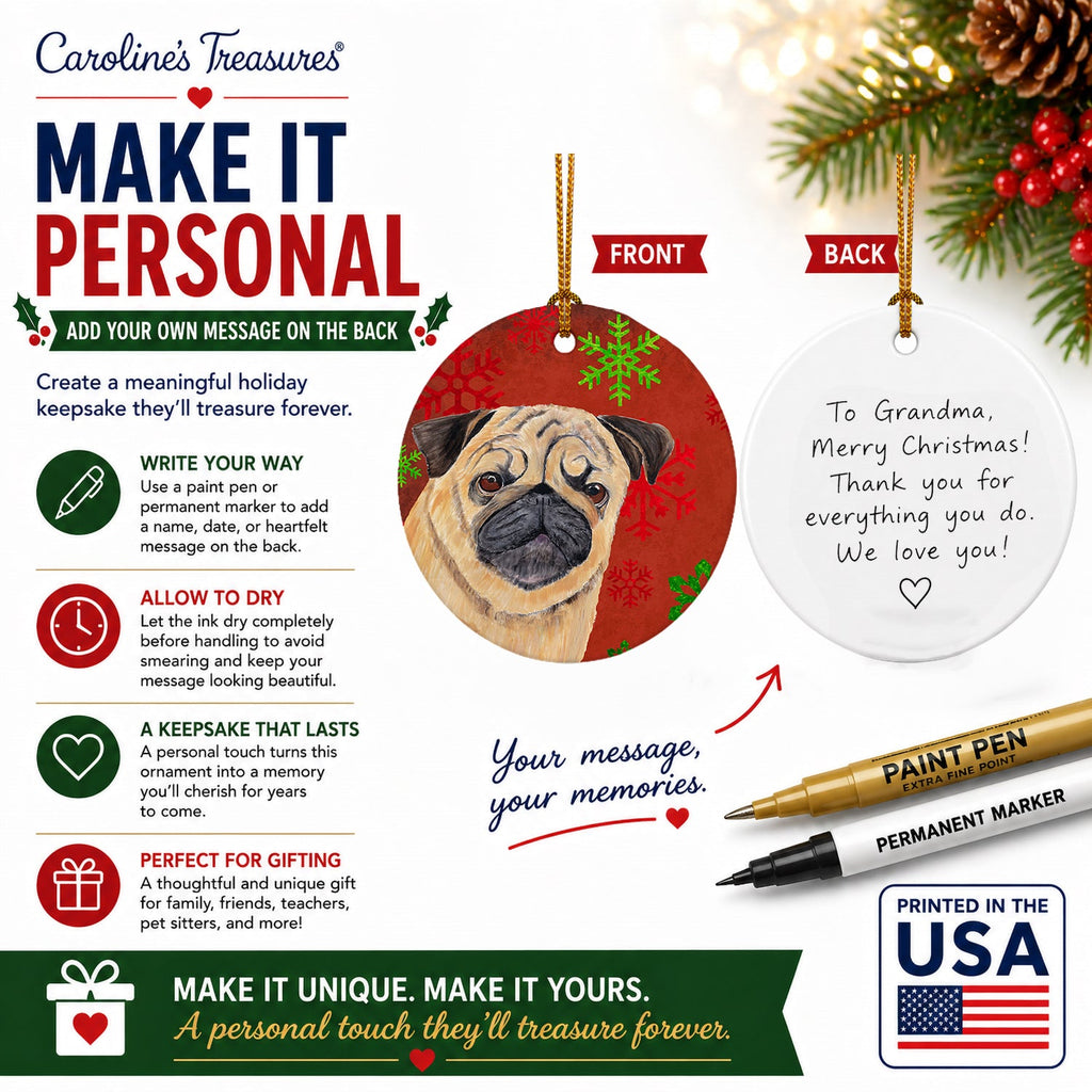 Pug Red and Green Snowflakes Holiday Christmas Ceramic Ornament Christmas Tree Hanging Decorations for Home Christmas Holiday, Party, Gift, 3 in, Multicolor