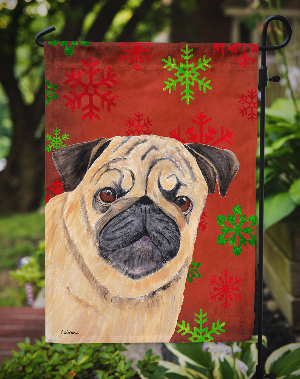 Pug Red and Green Snowflakes Holiday Christmas Garden Flag Mailbox Decorative Yard Banner Outside Patio Artwork for Flower Beds, Garden Size, Multicolor