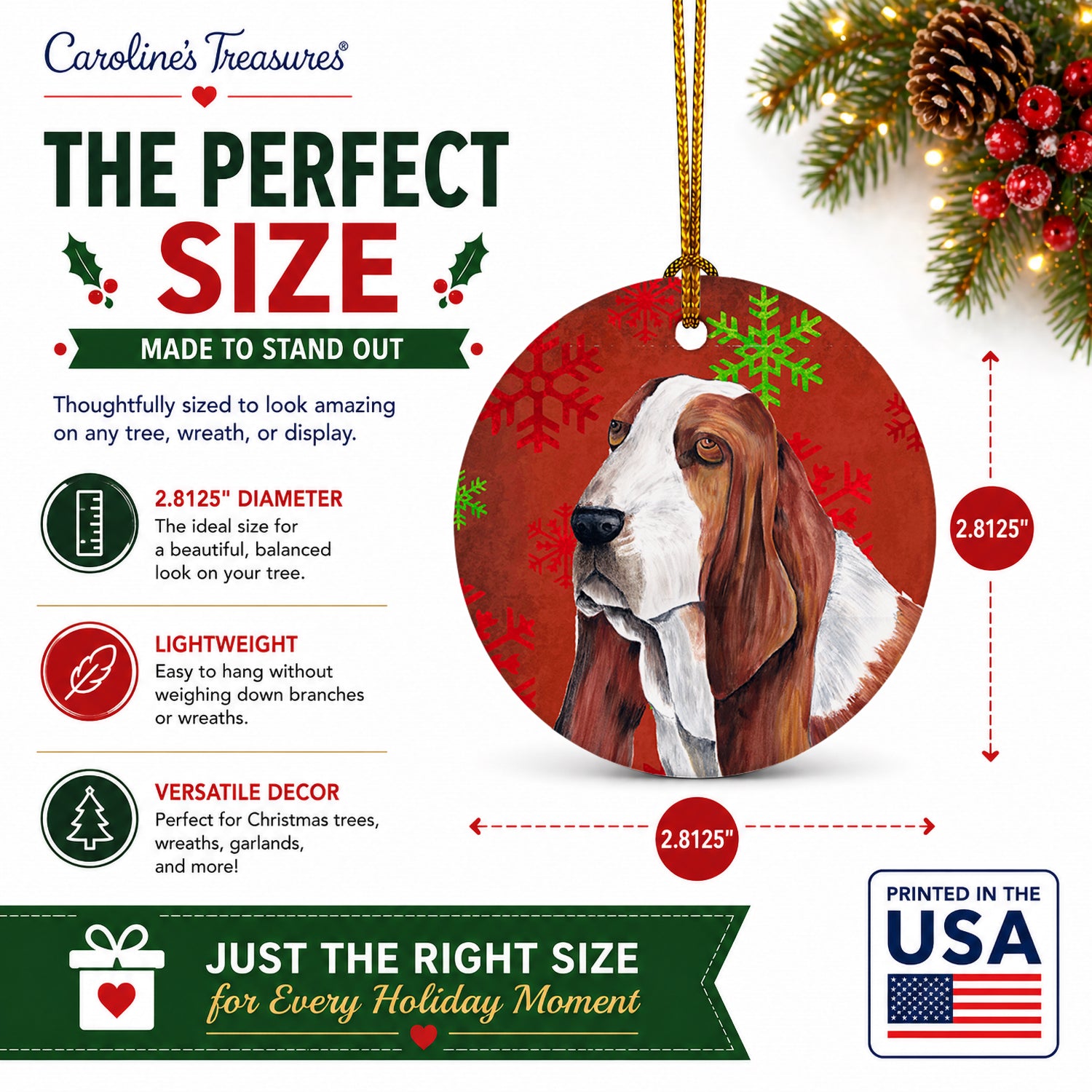 Basset Hound Red and Green Snowflakes Holiday Christmas Ceramic Ornament Christmas Tree Hanging Decorations for Home Christmas Holiday, Party, Gift, 3 in, Multicolor