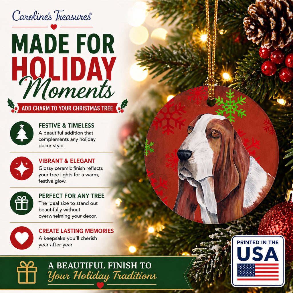 Basset Hound Red and Green Snowflakes Holiday Christmas Ceramic Ornament Christmas Tree Hanging Decorations for Home Christmas Holiday, Party, Gift, 3 in, Multicolor