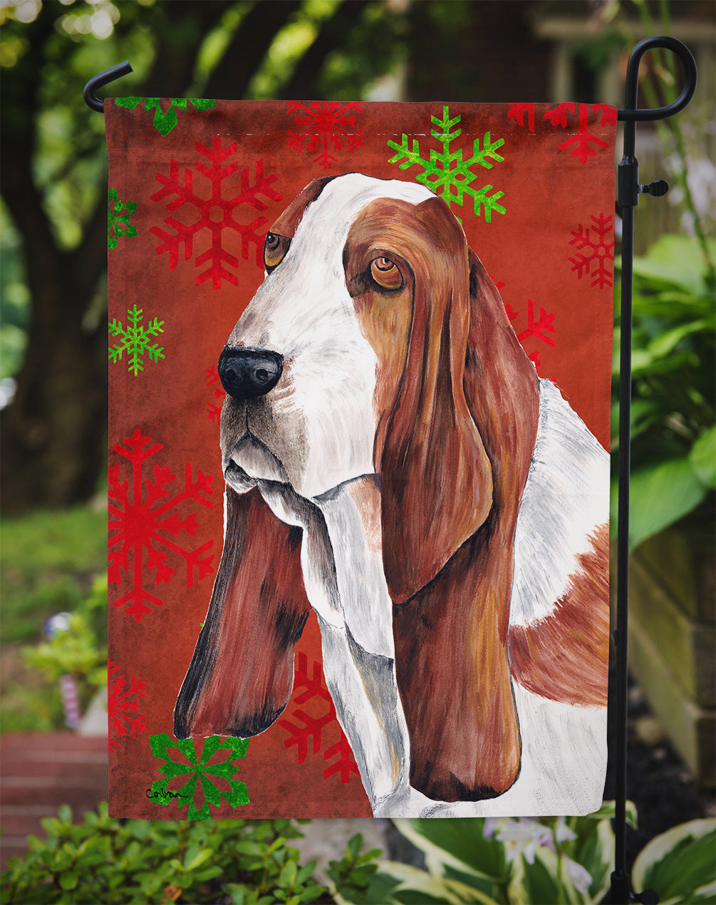 Basset Hound Red and Green Snowflakes Holiday Christmas Garden Flag Mailbox Decorative Yard Banner Outside Patio Artwork for Flower Beds, Garden Size, Multicolor