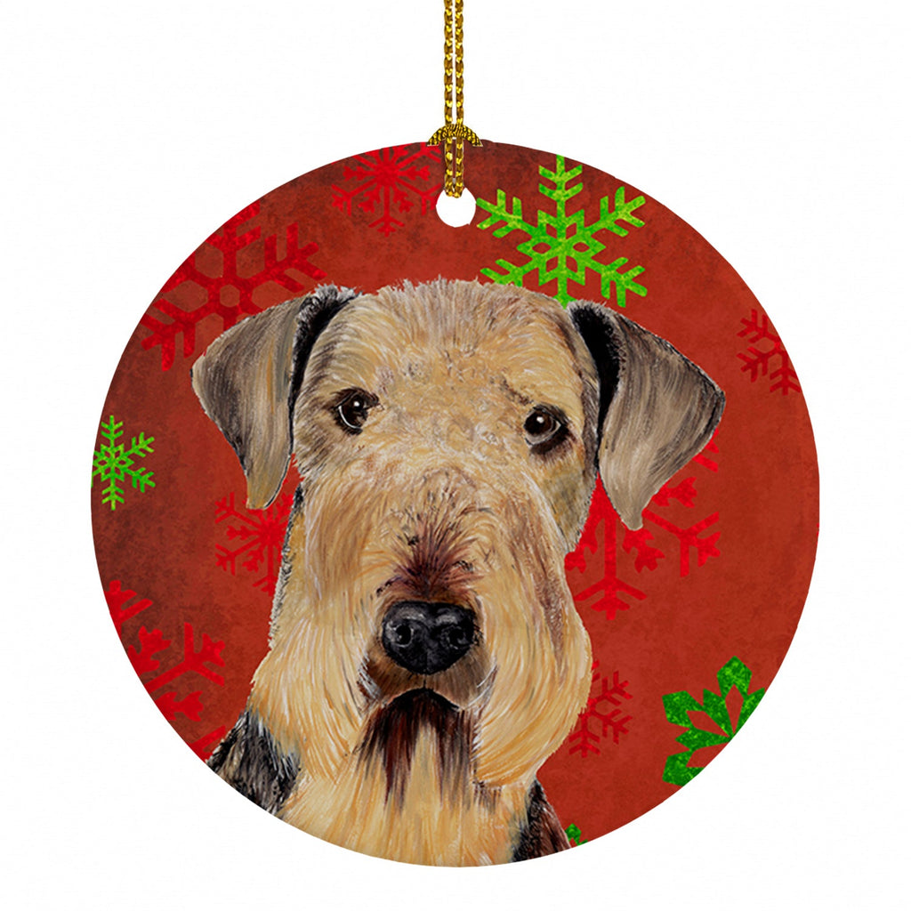 Airedale Red and Green Snowflakes Holiday Christmas Ceramic Ornament Christmas Tree Hanging Decorations for Home Christmas Holiday, Party, Gift, 3 in, Multicolor