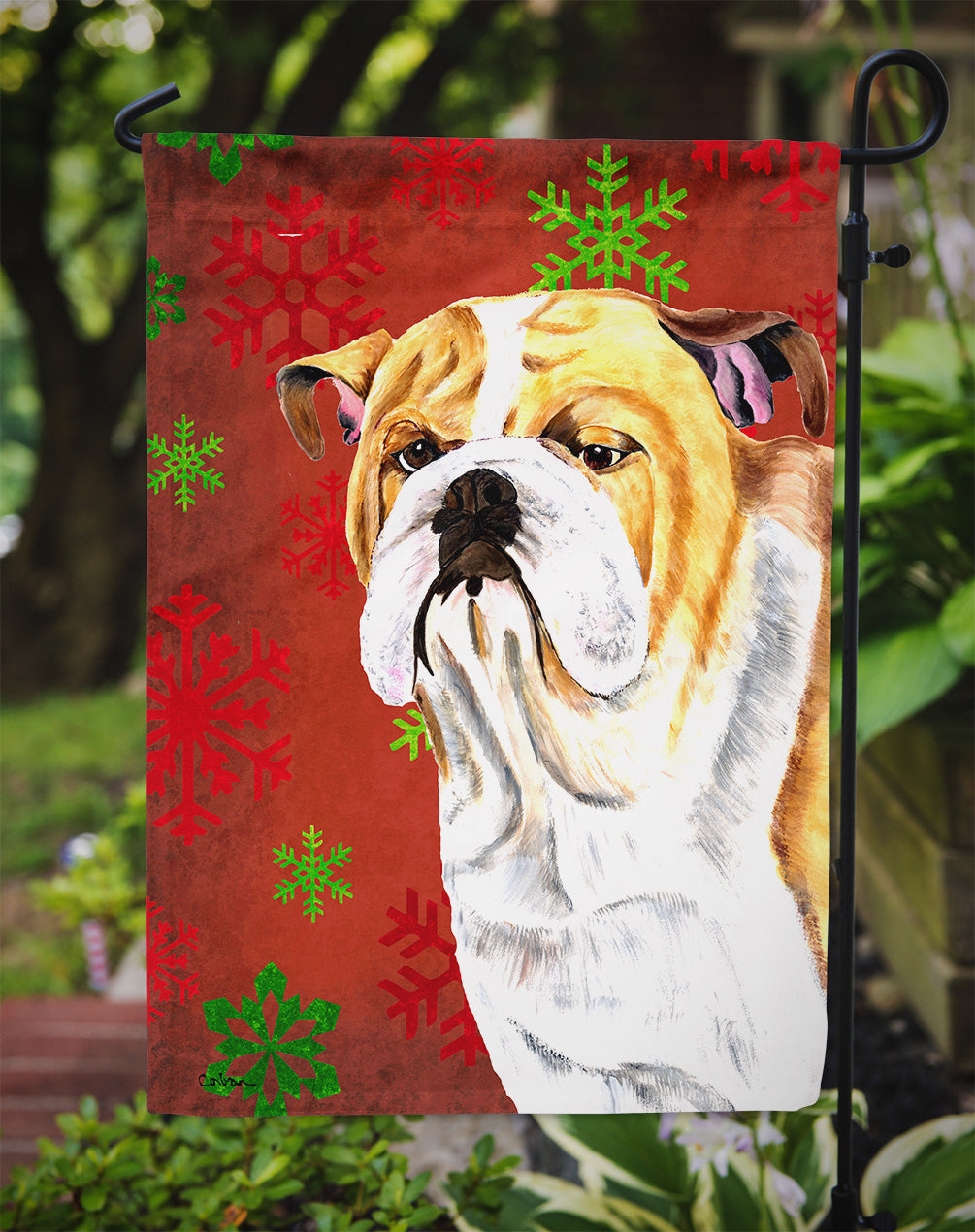 Bulldog English Red and Green Snowflakes Holiday Christmas Garden Flag Mailbox Decorative Yard Banner Outside Patio Artwork for Flower Beds, Garden Size, Multicolor