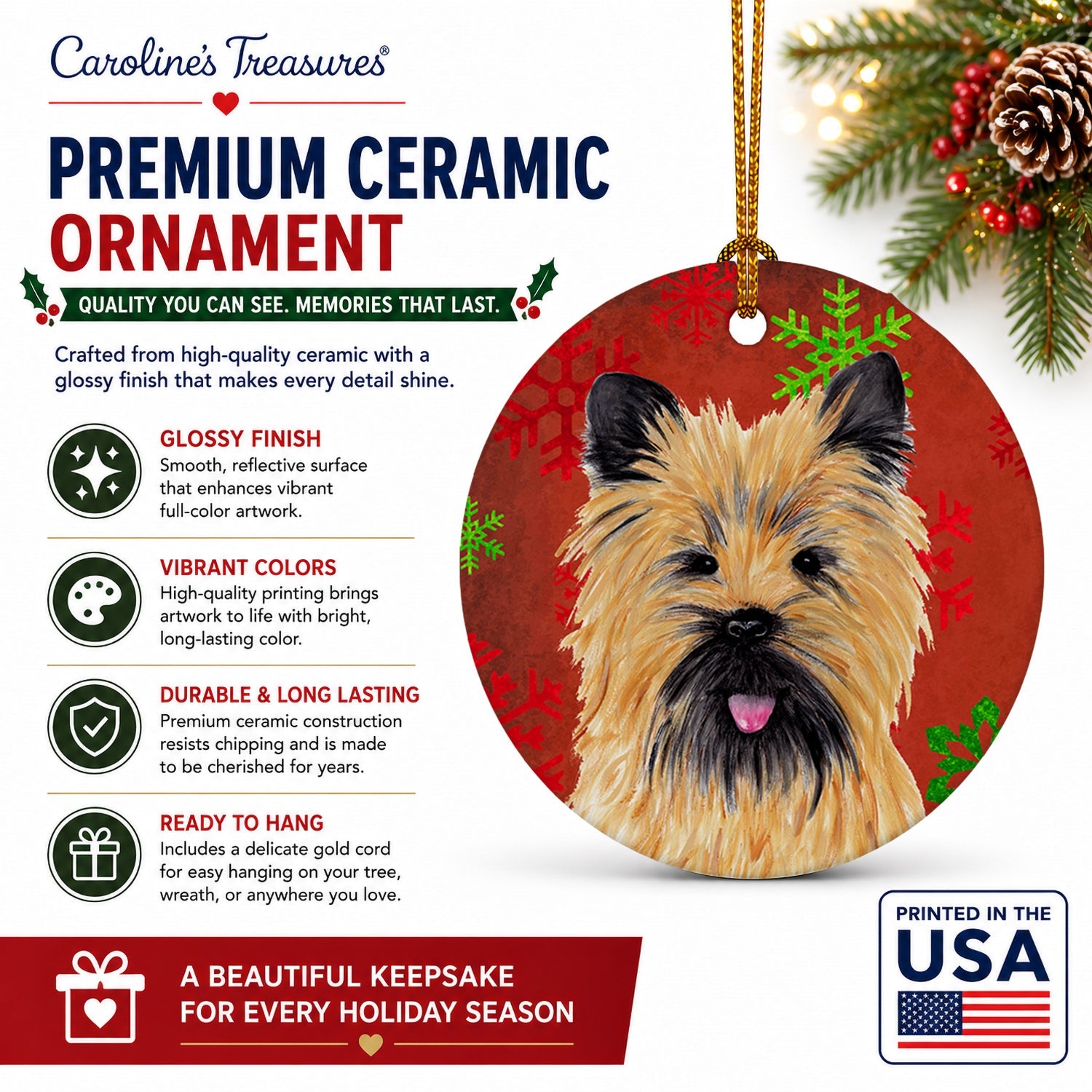 Cairn Terrier Red and Green Snowflakes Holiday Christmas Ceramic Ornament Christmas Tree Hanging Decorations for Home Christmas Holiday, Party, Gift, 3 in, Multicolor