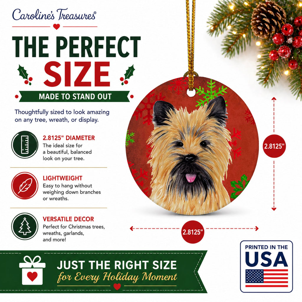 Cairn Terrier Red and Green Snowflakes Holiday Christmas Ceramic Ornament Christmas Tree Hanging Decorations for Home Christmas Holiday, Party, Gift, 3 in, Multicolor
