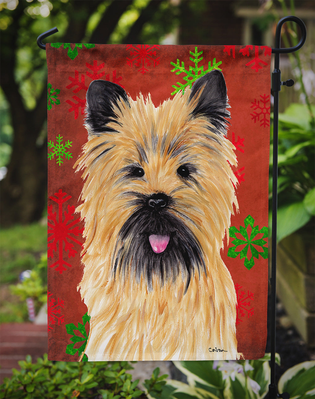 Cairn Terrier Red and Green Snowflakes Holiday Christmas Garden Flag Mailbox Decorative Yard Banner Outside Patio Artwork for Flower Beds, Garden Size, Multicolor