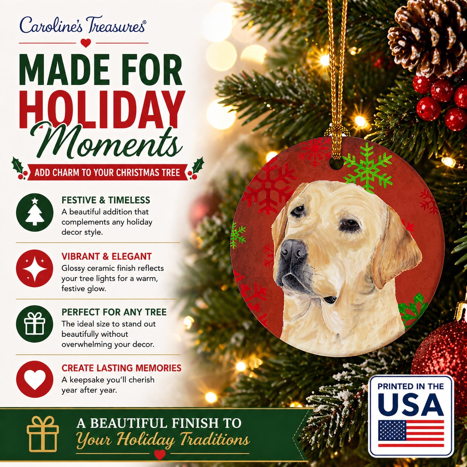 Labrador Red and Green Snowflakes Holiday Christmas Ceramic Ornament Christmas Tree Hanging Decorations for Home Christmas Holiday, Party, Gift, 3 in, Multicolor