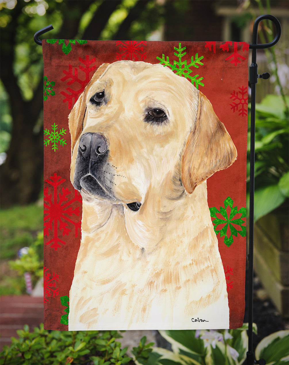 Labrador Red and Green Snowflakes Holiday Christmas Garden Flag Mailbox Decorative Yard Banner Outside Patio Artwork for Flower Beds, Garden Size, Multicolor