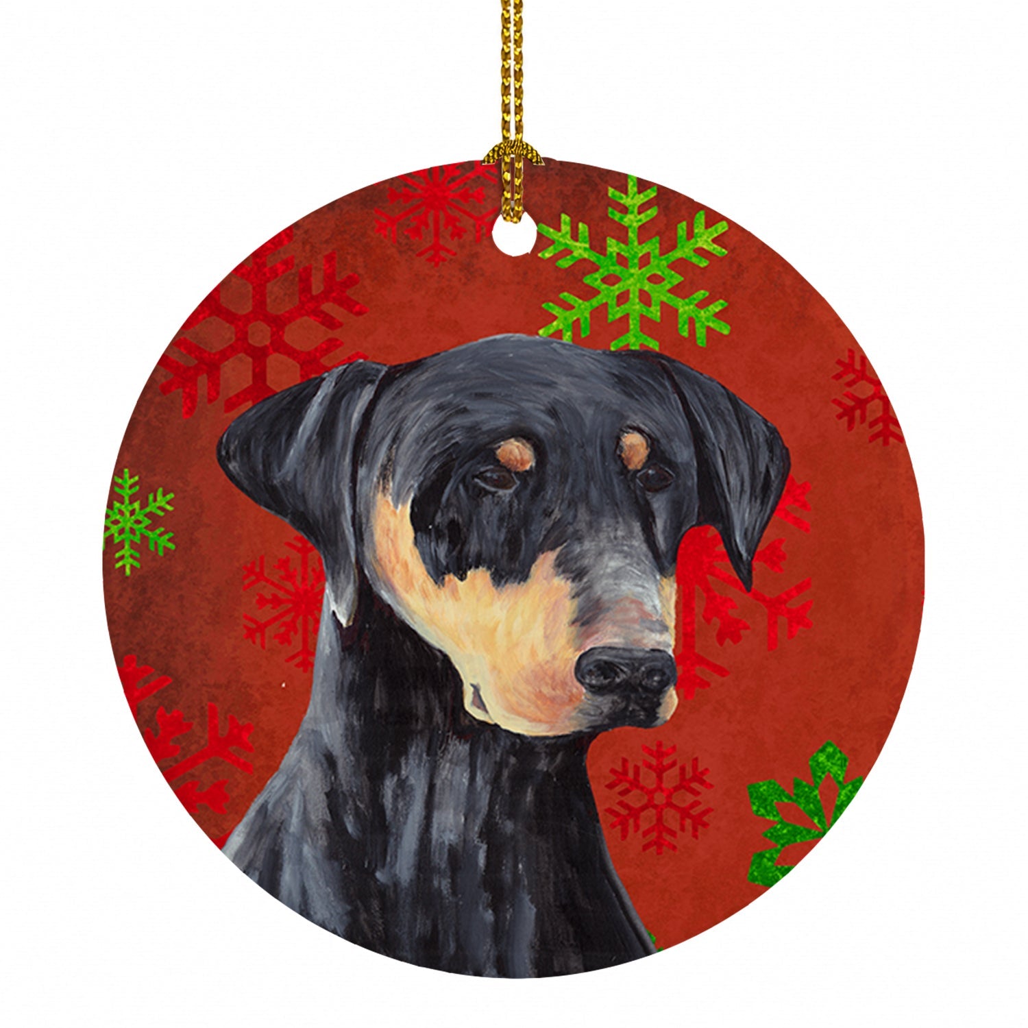 Doberman Red and Green Snowflakes Holiday Christmas Ceramic Ornament Christmas Tree Hanging Decorations for Home Christmas Holiday, Party, Gift, 3 in, Multicolor