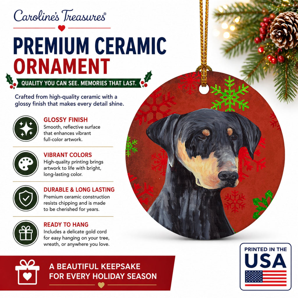 Doberman Red and Green Snowflakes Holiday Christmas Ceramic Ornament Christmas Tree Hanging Decorations for Home Christmas Holiday, Party, Gift, 3 in, Multicolor