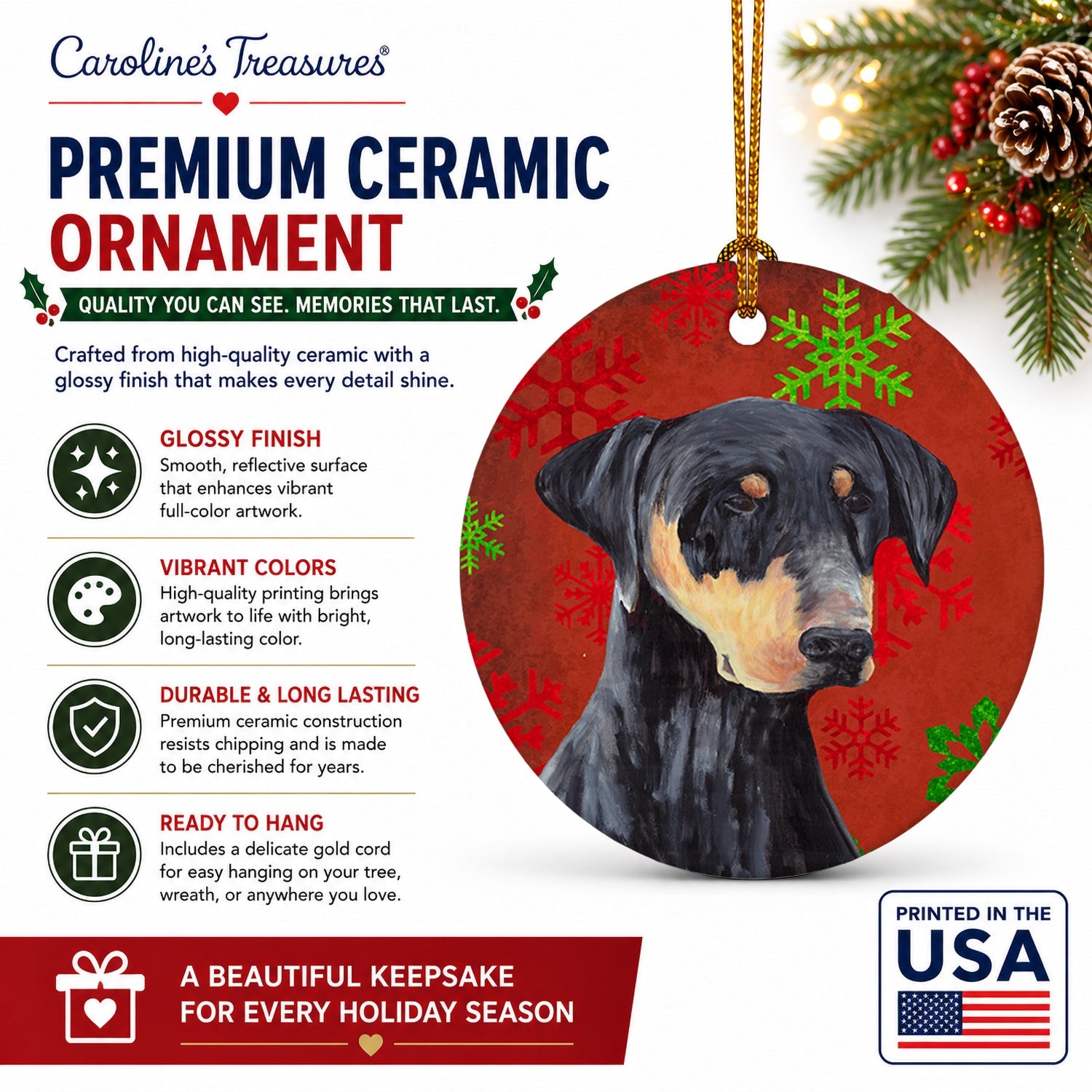 Doberman Red and Green Snowflakes Holiday Christmas Ceramic Ornament Christmas Tree Hanging Decorations for Home Christmas Holiday, Party, Gift, 3 in, Multicolor