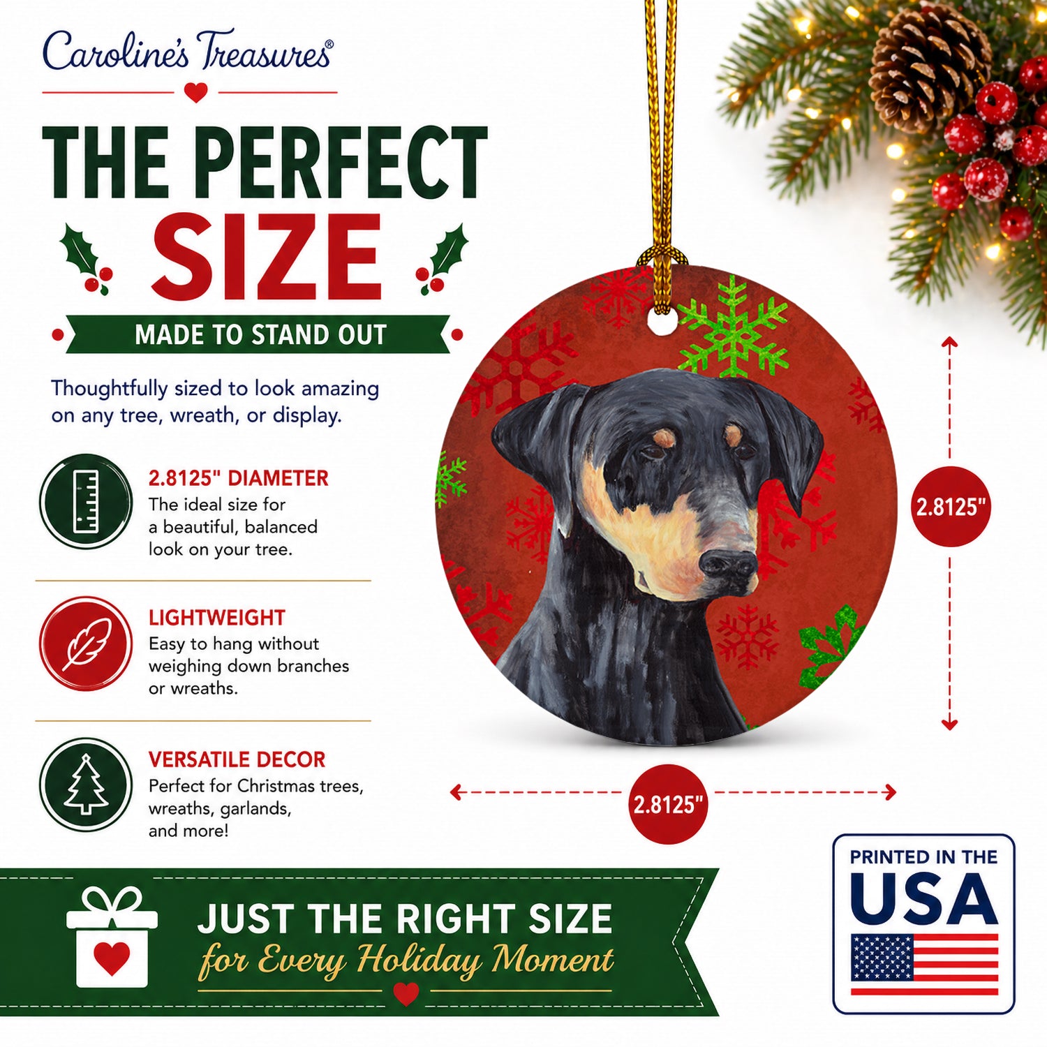 Doberman Red and Green Snowflakes Holiday Christmas Ceramic Ornament Christmas Tree Hanging Decorations for Home Christmas Holiday, Party, Gift, 3 in, Multicolor