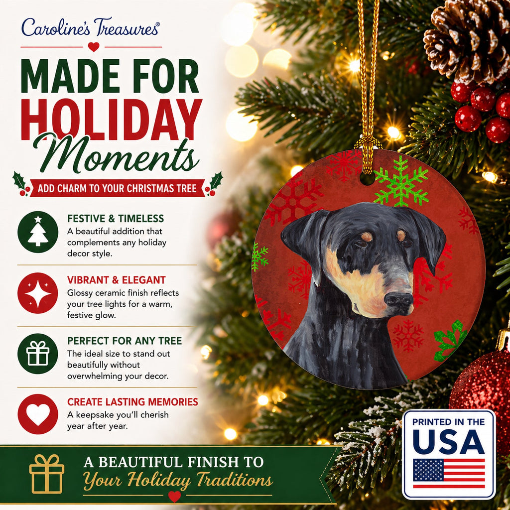Doberman Red and Green Snowflakes Holiday Christmas Ceramic Ornament Christmas Tree Hanging Decorations for Home Christmas Holiday, Party, Gift, 3 in, Multicolor