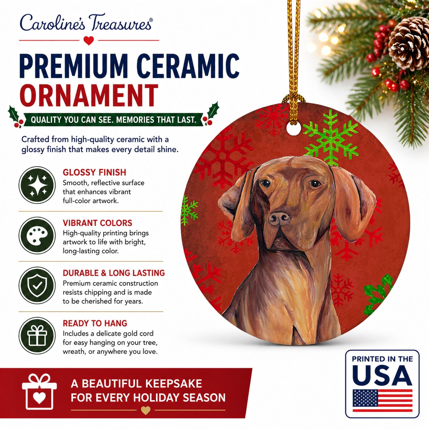 Vizsla Red and Green Snowflakes Holiday Christmas Ceramic Ornament Christmas Tree Hanging Decorations for Home Christmas Holiday, Party, Gift, 3 in, Multicolor