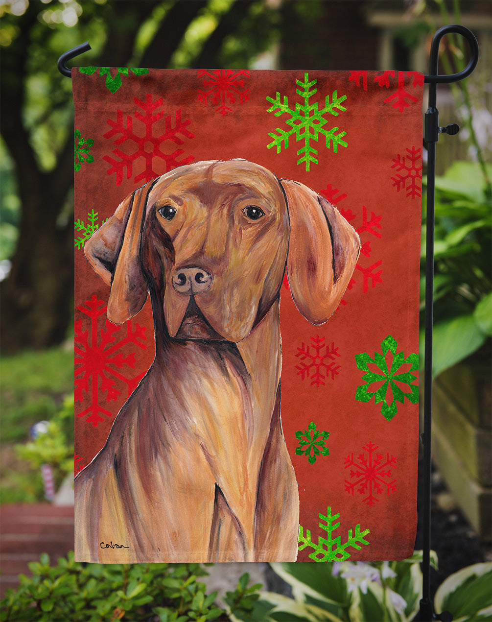 Vizsla Red and Green Snowflakes Holiday Christmas Garden Flag Mailbox Decorative Yard Banner Outside Patio Artwork for Flower Beds, Garden Size, Multicolor