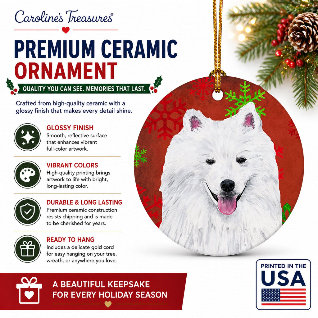 American Eskimo Red and Green Snowflakes Holiday Christmas Ceramic Ornament Christmas Tree Hanging Decorations for Home Christmas Holiday, Party, Gift, 3 in, Multicolor
