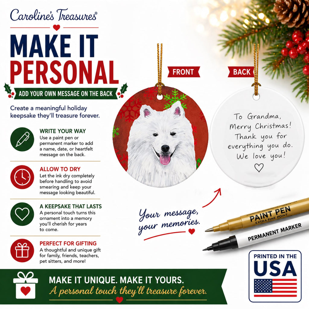 American Eskimo Red and Green Snowflakes Holiday Christmas Ceramic Ornament Christmas Tree Hanging Decorations for Home Christmas Holiday, Party, Gift, 3 in, Multicolor