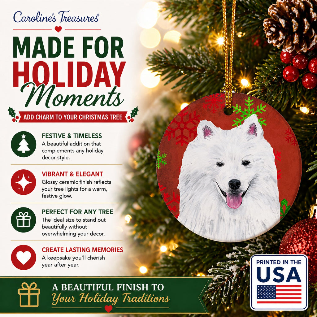 American Eskimo Red and Green Snowflakes Holiday Christmas Ceramic Ornament Christmas Tree Hanging Decorations for Home Christmas Holiday, Party, Gift, 3 in, Multicolor