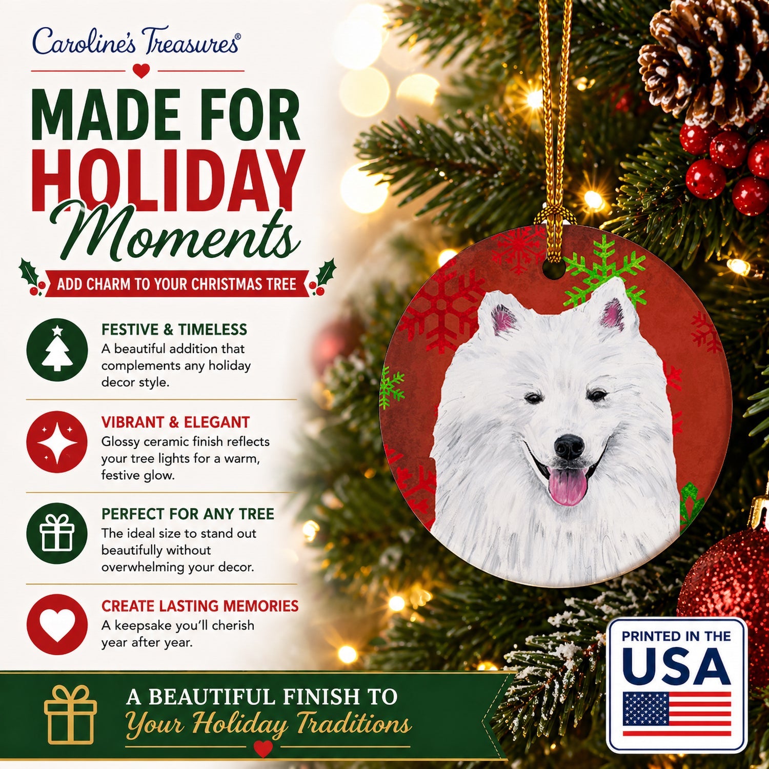 American Eskimo Red and Green Snowflakes Holiday Christmas Ceramic Ornament Christmas Tree Hanging Decorations for Home Christmas Holiday, Party, Gift, 3 in, Multicolor
