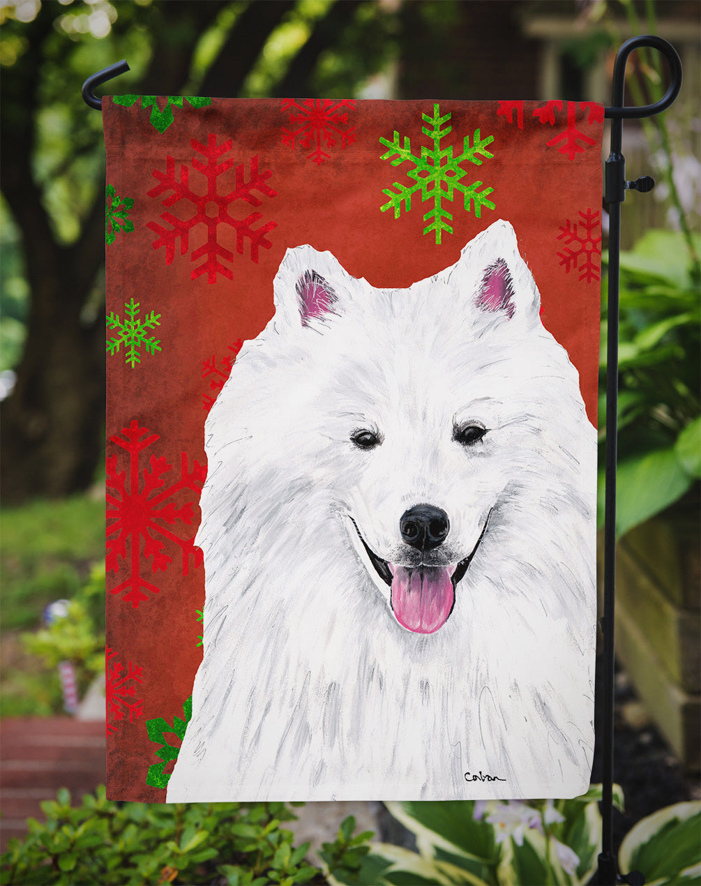 American Eskimo Red and Green Snowflakes Holiday Christmas Garden Flag Mailbox Decorative Yard Banner Outside Patio Artwork for Flower Beds, Garden Size, Multicolor
