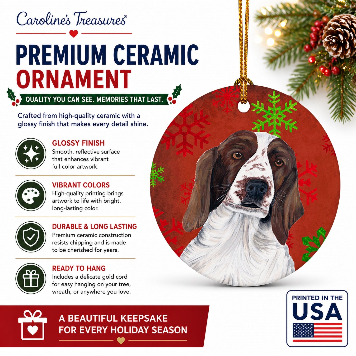 Welsh Springer Spaniel Red  Green Snowflakes Holiday Christmas Ceramic Ornament Christmas Tree Hanging Decorations for Home Christmas Holiday, Party, Gift, 3 in, Multicolor