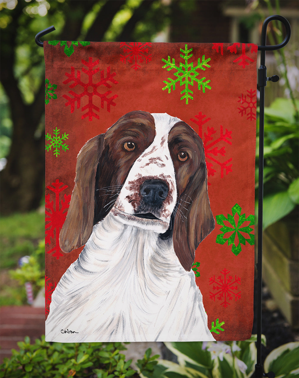 Welsh Springer Spaniel Red  Green Snowflakes Holiday Christmas Garden Flag Mailbox Decorative Yard Banner Outside Patio Artwork for Flower Beds, Garden Size, Multicolor