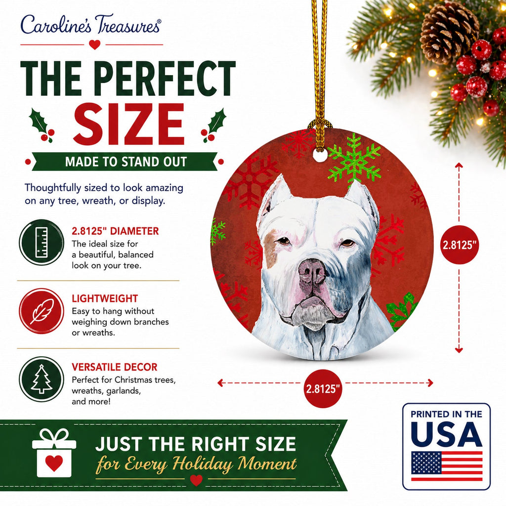 Pit Bull Red and Green Snowflakes Holiday Christmas Ceramic Ornament Christmas Tree Hanging Decorations for Home Christmas Holiday, Party, Gift, 3 in, Multicolor