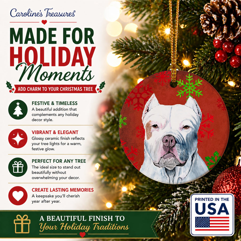 Pit Bull Red and Green Snowflakes Holiday Christmas Ceramic Ornament Christmas Tree Hanging Decorations for Home Christmas Holiday, Party, Gift, 3 in, Multicolor