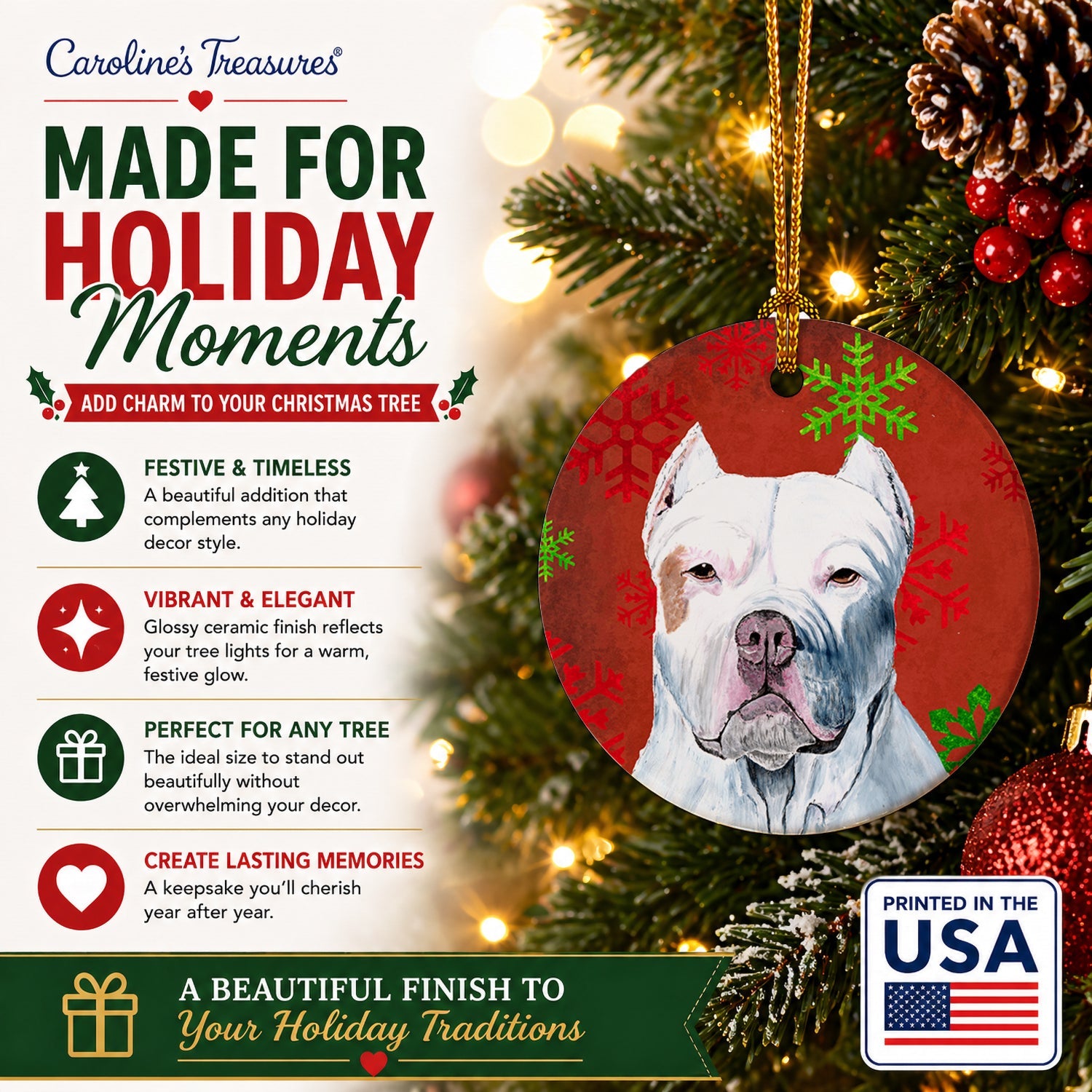 Pit Bull Red and Green Snowflakes Holiday Christmas Ceramic Ornament Christmas Tree Hanging Decorations for Home Christmas Holiday, Party, Gift, 3 in, Multicolor