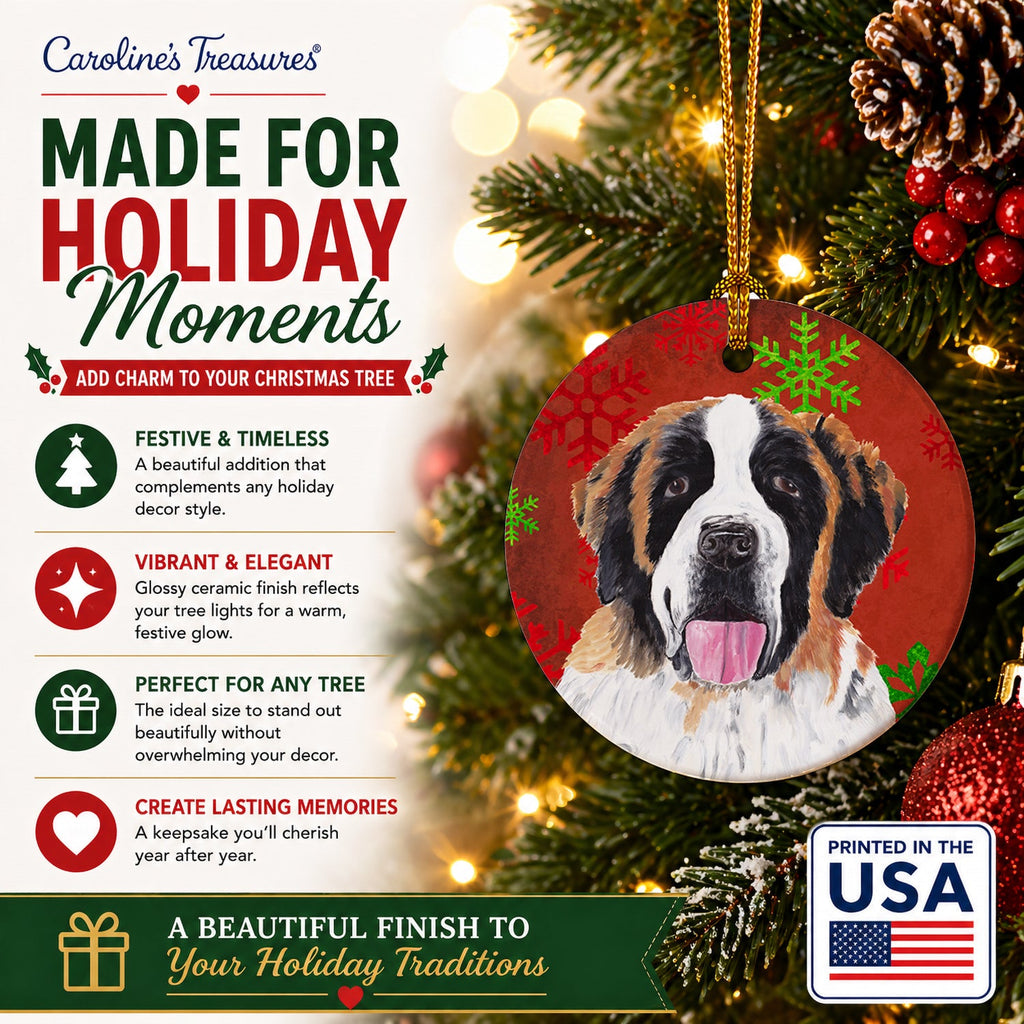 Saint Bernard Red Green Snowflake Christmas Ceramic Ornament Christmas Tree Hanging Decorations for Home Christmas Holiday, Party, Gift, 3 in, Multicolor
