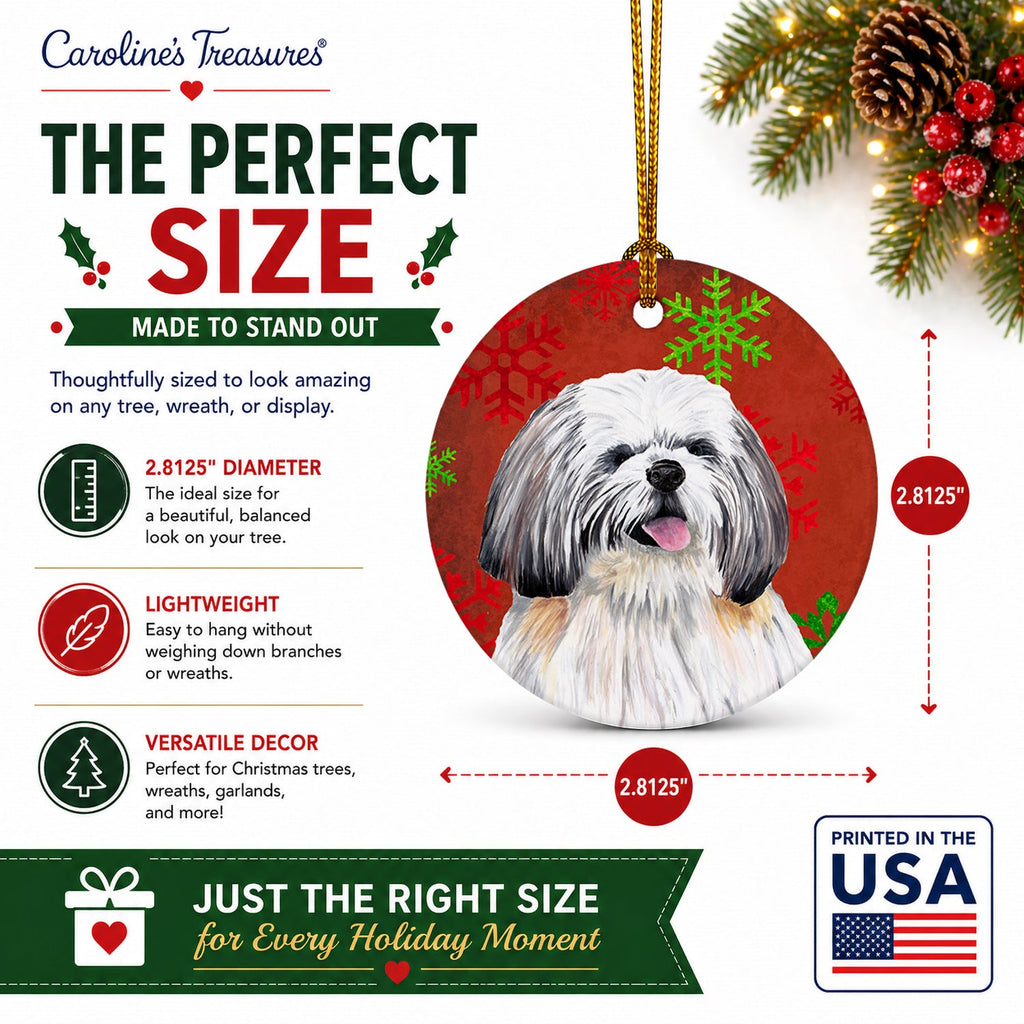 Shih Tzu Red and Green Snowflakes Holiday Christmas Ceramic Ornament Christmas Tree Hanging Decorations for Home Christmas Holiday, Party, Gift, 3 in, Multicolor