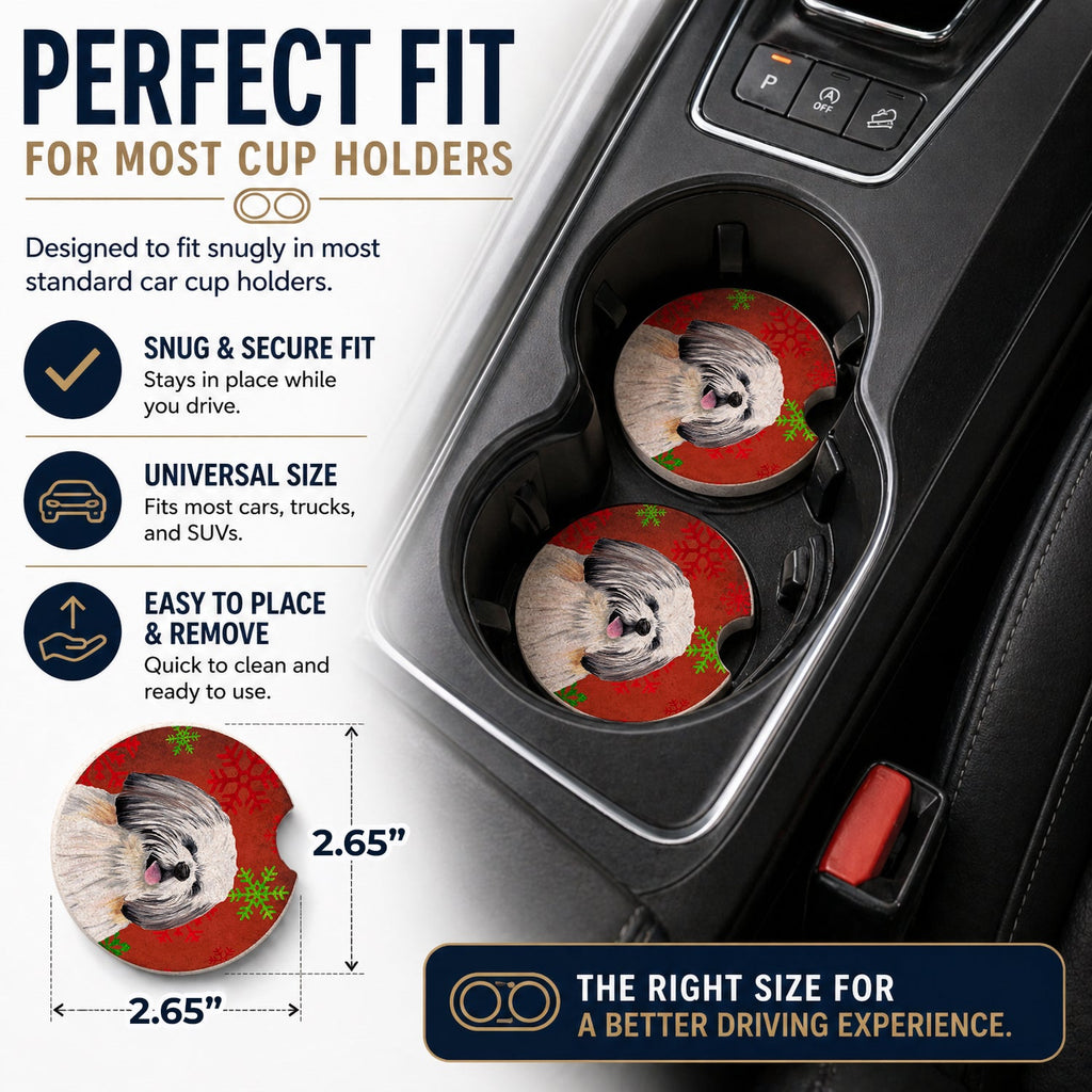Shih Tzu Red and Green Snowflakes Holiday Christmas Set of 2 Cup Holder Car Coasters Absorbent Round Sandstone Coasters Gifts for Men or Women, 2.5, Multicolor